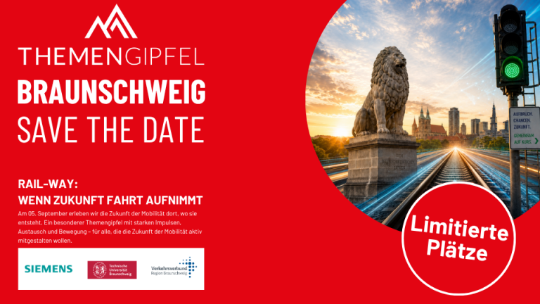 Rote Werbegrafik für den Themengipfel Braunschweig mit Bahnhofsmotiv und Limitiert Plätze